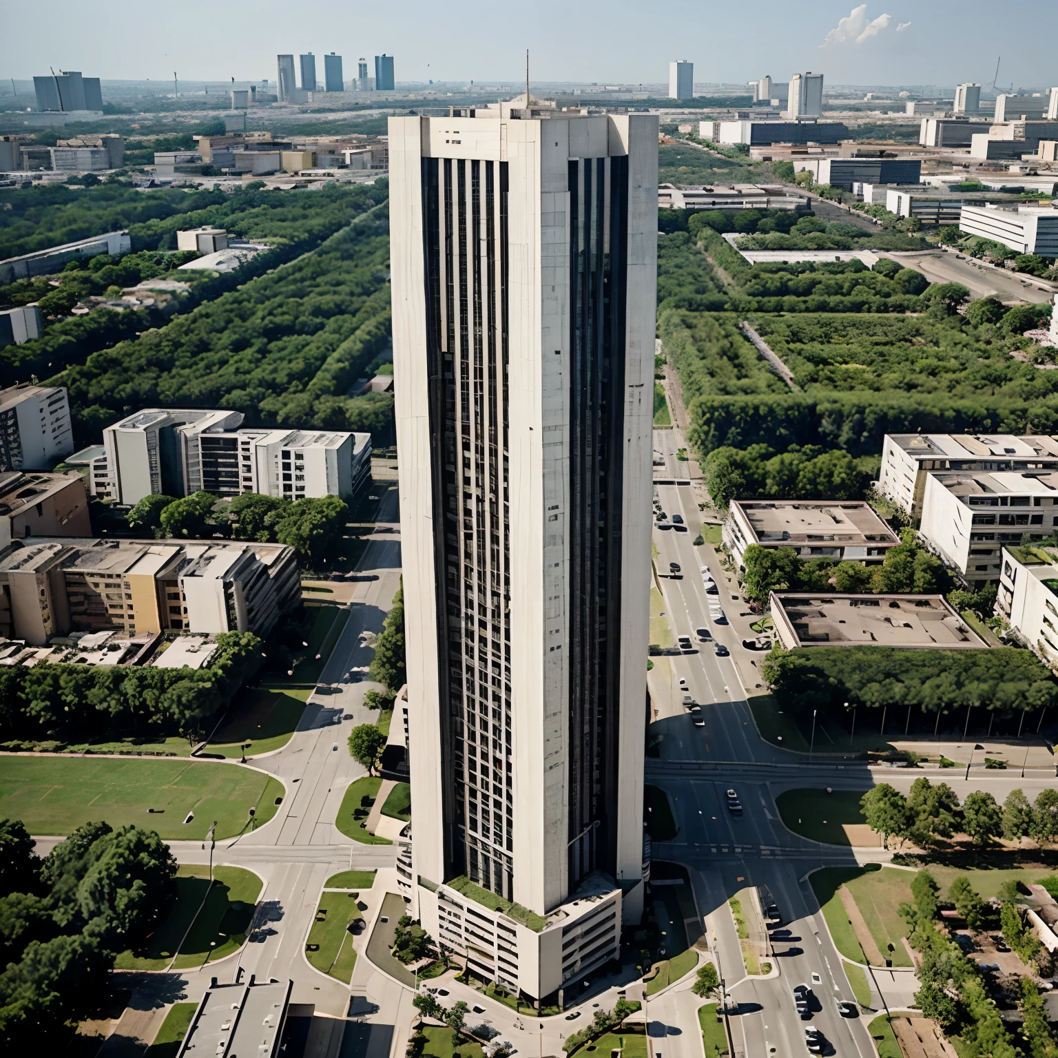 Plaza central, modern skyscraper surrounded by trees, highway atonement, zoning, barrio residencial, factories, lagos, elementos sostenibles