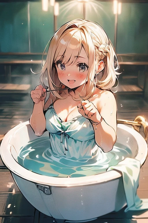 ((beautiful lighting, melhor qualidade, 8K, Obra de arte: 1.3)), 1 garota, Beleza corporal perfeita: 1.4, suado + pele molhada,((cabelo branco)), (vestido branco: 1.4), (fontes termais: 1.1), (Hot water bath), Absorver, elegante, Rosto super fino