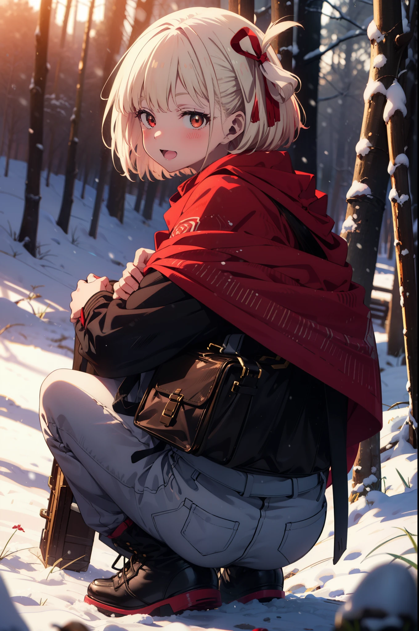 chisatonishikigi, Chisato Nishikigi, short hair, bangs, blonde, (Red eyes:1.5), Hair Ribbon, One side up, Bobcut,smile,blush,happy smile, smile, Open your mouth,
White Breath, Open your mouth,snow, Ground bonfire, Outdoor, boots, snowing, From the side, wood, suitcase, Cape, Blurred, Increase your meals, forest, White handbag, nature, Squat, Mouth closed, フードed Cape, winter, Written boundary depth, Black shoes, red Cape break looking at viewer, Upper Body, whole body, break Outdoor, forest, nature, break (masterpiece:1.2), highest quality, High resolution, unity 8k wallpaper, (shape:0.8), (Beautiful and beautiful eyes:1.6), Highly detailed face, Perfect lighting, Extremely detailed CG, (Perfect hands, Perfect Anatomy),