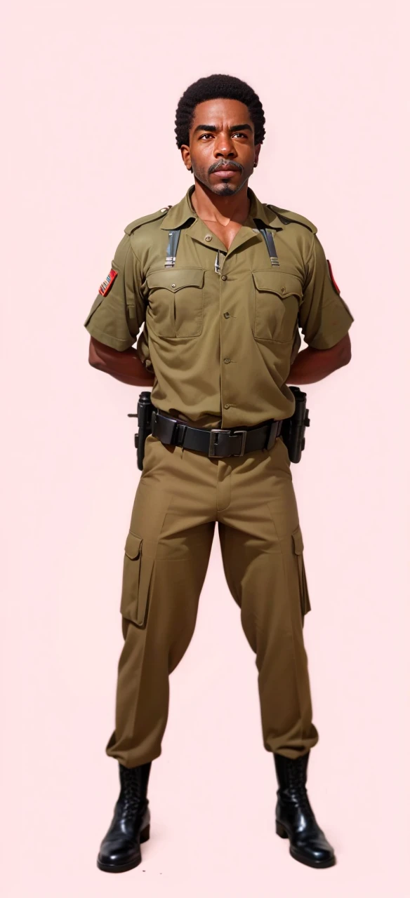 Homen negro militar, foto realista, ano 1970, cor bege uniforme
