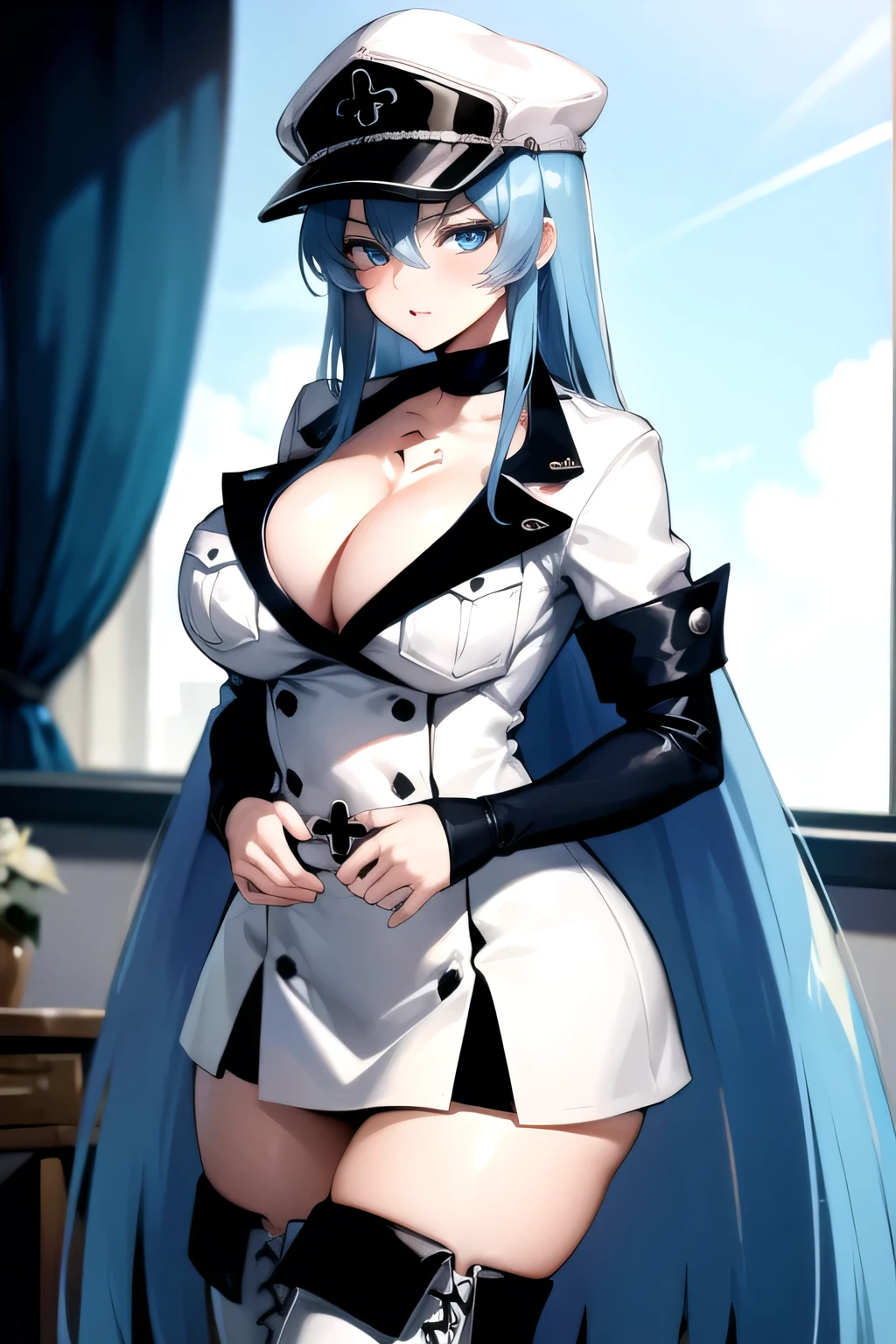 1girl, masterpiece, high quality, huge breast, bright breasts, safe, shining , blush face, close the camera, cleavage, standing, esdeath, long hair, light blue hair, dark blue eyes, akame ga kill, esdeath, long hair, hat, peaked cap, military, uniform, military uniform, choker, thighhighs, boots, thigh boots, chest tattoo