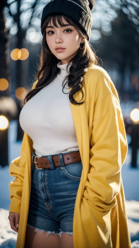 20 year old girl ultra high graphics Beautiful sensual woman with a curvy body, long hair, bangs, french braid, widest waist, fitting breasts, curvy accentuated booty, sparkling eyes, long eyelashes, thick thighs, Strong calves, smirk, taniaayusiregar, She wears a yellow wool Coat, black Pullover, white trousers, belt, beanie, she is in a dark low lit Park, evening in Winter, snowy, photorealistic, Masterpiece, bokeh, Volumetric lighting, winter season atmosphere, close up shot