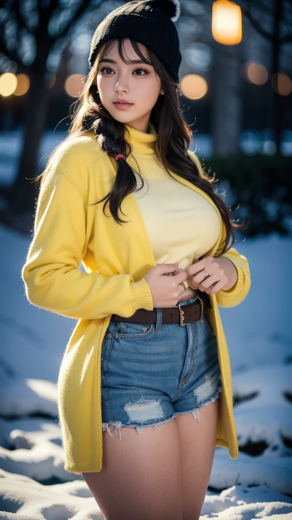 20 year old girl ultra high graphics Beautiful sensual woman with a curvy body, long hair, bangs, french braid, widest waist, fitting breasts, curvy accentuated booty, sparkling eyes, long eyelashes, thick thighs, Strong calves, smirk, taniaayusiregar, She wears a yellow wool Coat, black Pullover, white trousers, belt, beanie, she is in a dark low lit Park, evening in Winter, snowy, photorealistic, Masterpiece, bokeh, Volumetric lighting, winter season atmosphere, close up shot