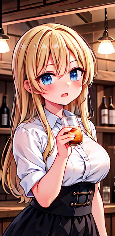 a beautiful detailed girl in a rustic tavern, fighting with a wild delirious expression, long straight blonde hair, holding a glass of whiskey, sensual romantic portrait, (best quality,4k,8k,highres,masterpiece:1.2),ultra-detailed,(realistic,photorealistic,photo-realistic:1.37),vibrant colors, dramatic lighting, cinematic composition