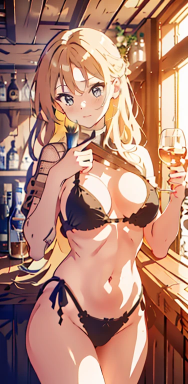 a beautiful detailed girl in a rustic tavern, fighting with a wild delirious expression, long straight blonde hair, holding a glass of whiskey, sensual romantic portrait, (best quality,4k,8k,highres,masterpiece:1.2),ultra-detailed,(realistic,photorealistic,photo-realistic:1.37),vibrant colors, dramatic lighting, cinematic composition