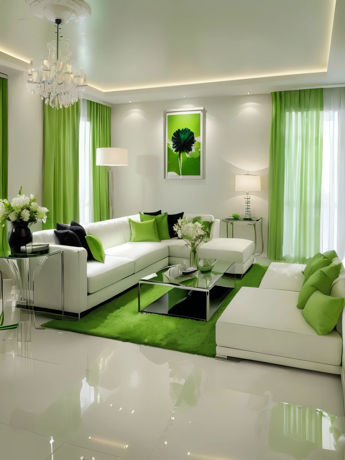 arafed living room with white couches and green curtains, green color scheme, living room interior design, interior design living room, popular interior design style, interior decoration, green theme, green accent lighting, interior design, living room interior, green and white, monochromatic green, interior design details, green colors, inspired by Art Green, green colours