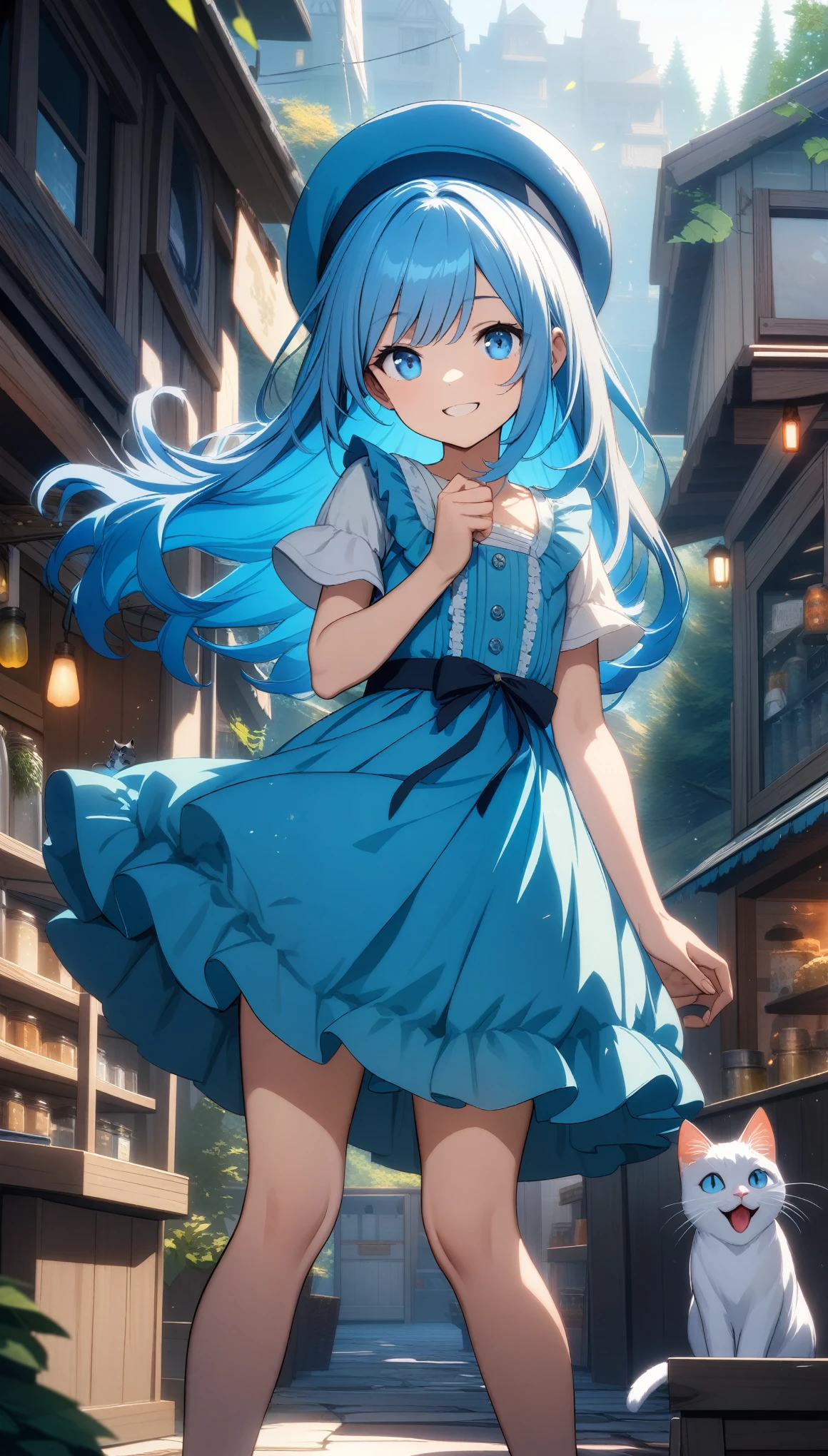 32k, best quality, ultra high res, HDR, UHD, extremely detailed CG, unity 32k wallpaper, 沢山のCatの世界, 18-year-old, Catを両手で持つ, Very cute girl, Blue Hair, Long Hair, blue eyes, A beautiful and cute blue dress, from the front, A very beautiful background of a general store, Are standing, Particles that glow blue, Cat, Blue Crystal, Close your mouth and smile happily, Cute hat,