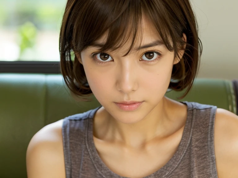 Look into the eyes,　Eye contact,　Front of face,　Front face,　face,　head,　Cross-legged,　indoor,　Brown Hair,　bangs,　Light clothing,　Tank top,　Sweat,　Sweatだく,　Sweatばみ,　clavicle,　Cross-legged,　Light from below,　Chest
