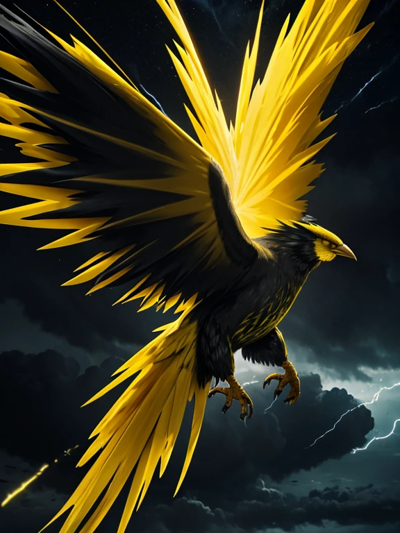 a six wings giant electric monster bird, glowing yellow feathers, black feathers, long feathered tail, flying in a stormy night sky, yellow lightning and thunder, dramatic lighting, epic fantasy, dramatic colors, dramatic composition, dramatic atmosphere, fantasy art