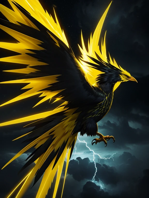 a six wings giant electric monster bird, glowing yellow feathers, black feathers, long feathered tail, flying in a stormy night sky, yellow lightning and thunder, dramatic lighting, epic fantasy, dramatic colors, dramatic composition, dramatic atmosphere, fantasy art