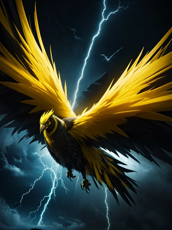 a six wings giant electric monster bird, glowing yellow feathers, black feathers, long feathered tail, flying in a stormy night sky, yellow lightning and thunder, dramatic lighting, epic fantasy, dramatic colors, dramatic composition, dramatic atmosphere, fantasy art