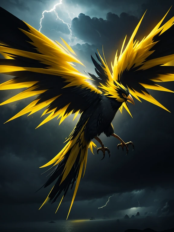 a six wings giant electric monster bird, glowing yellow feathers, black feathers, long feathered tail, flying in a stormy night sky, yellow lightning and thunder, dramatic lighting, epic fantasy, dramatic colors, dramatic composition, dramatic atmosphere, fantasy art