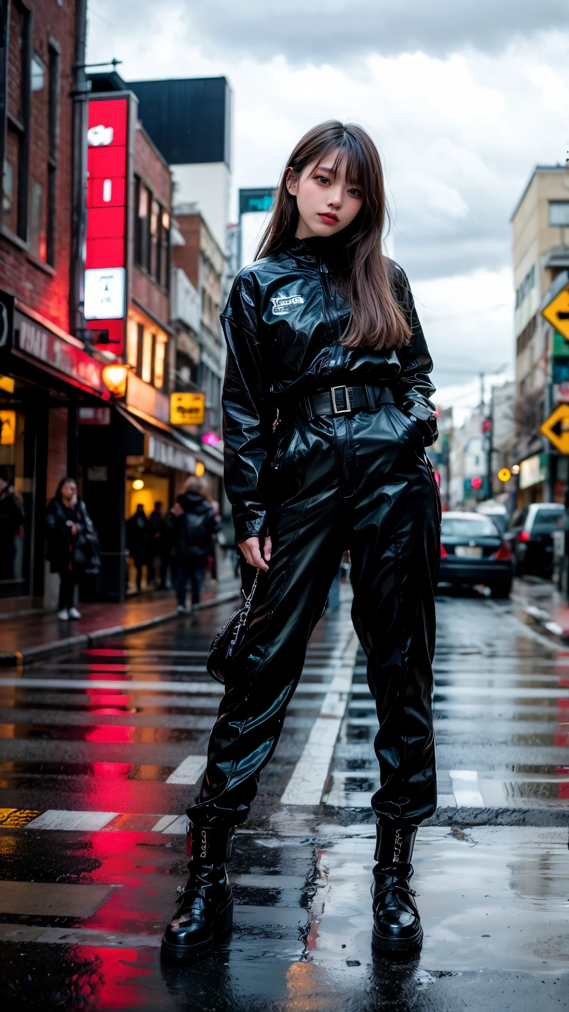 Ulzzang-6500-v1.1, (RAW Photos:1.2), (Photorealistic), (Genuine:1.4), 1 Japanese girl, Warframe, Complex patterns, Heavy Metal, Energy Line, Faceless, Shining Eyes, elegant, intense, Blood red and black uniform, alone, Modern, city, street, Dark Clouds, thunderstorm, heavy rain,, Dramatic lighting,, (masterpiece:1.2), highest quality, High resolution, beautiful, Very detailed, Perfect lighting, (Full Body Shot:1.15),