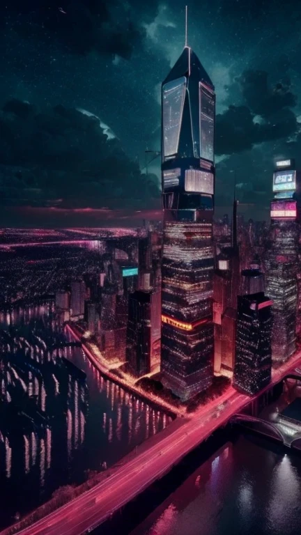 (A city with various skycrapers), ultra beautiful modern metropolis , cyberpunk, vinrant colors, techno fantasy architecture, night sky with stars 4k, uhd, photorealistic:1.4, masterpiece , futuristic buildings