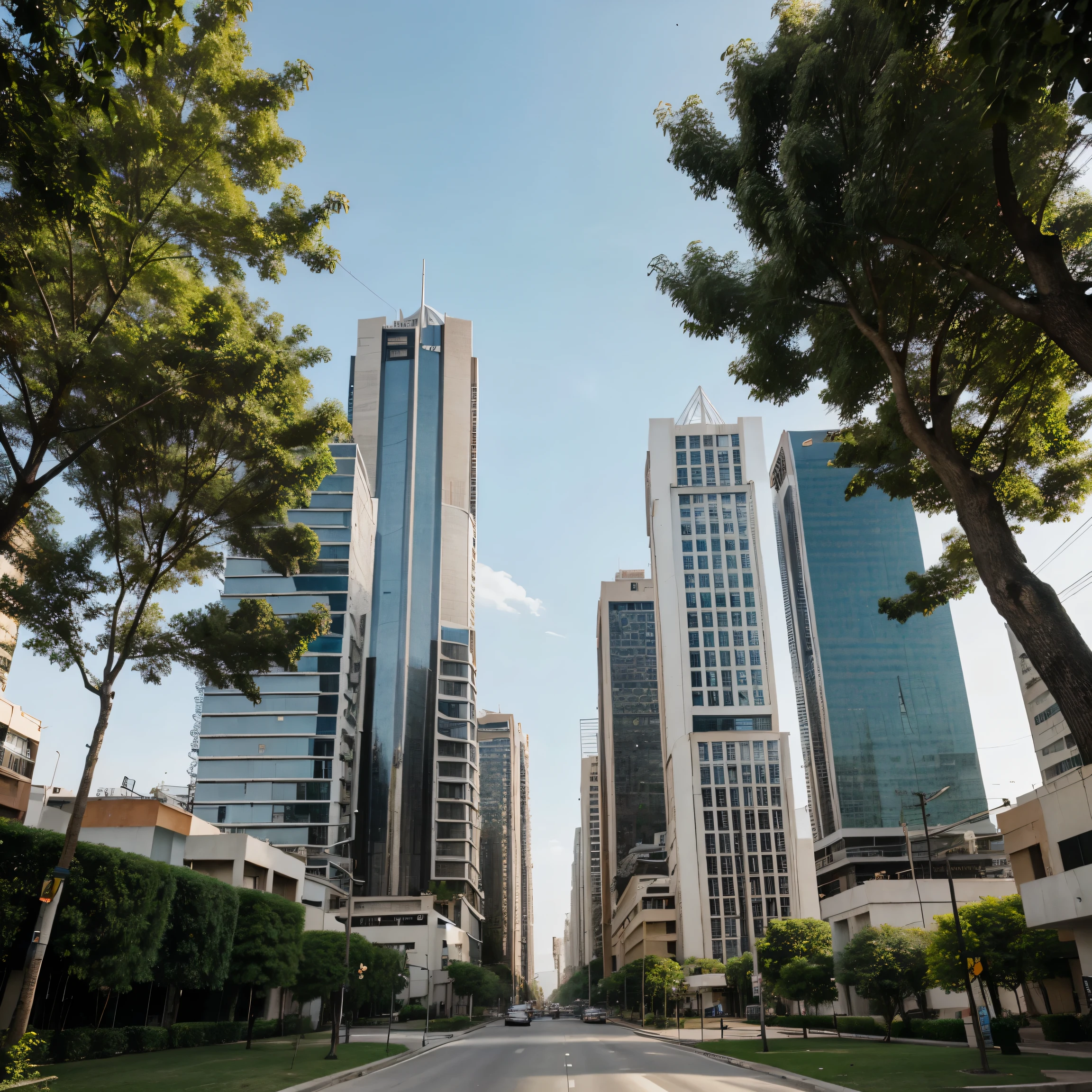 Plaza central, modern skyscraper surrounded by trees, highway atonement, zoning, barrio residencial, factories, lagos, elementos sostenibles