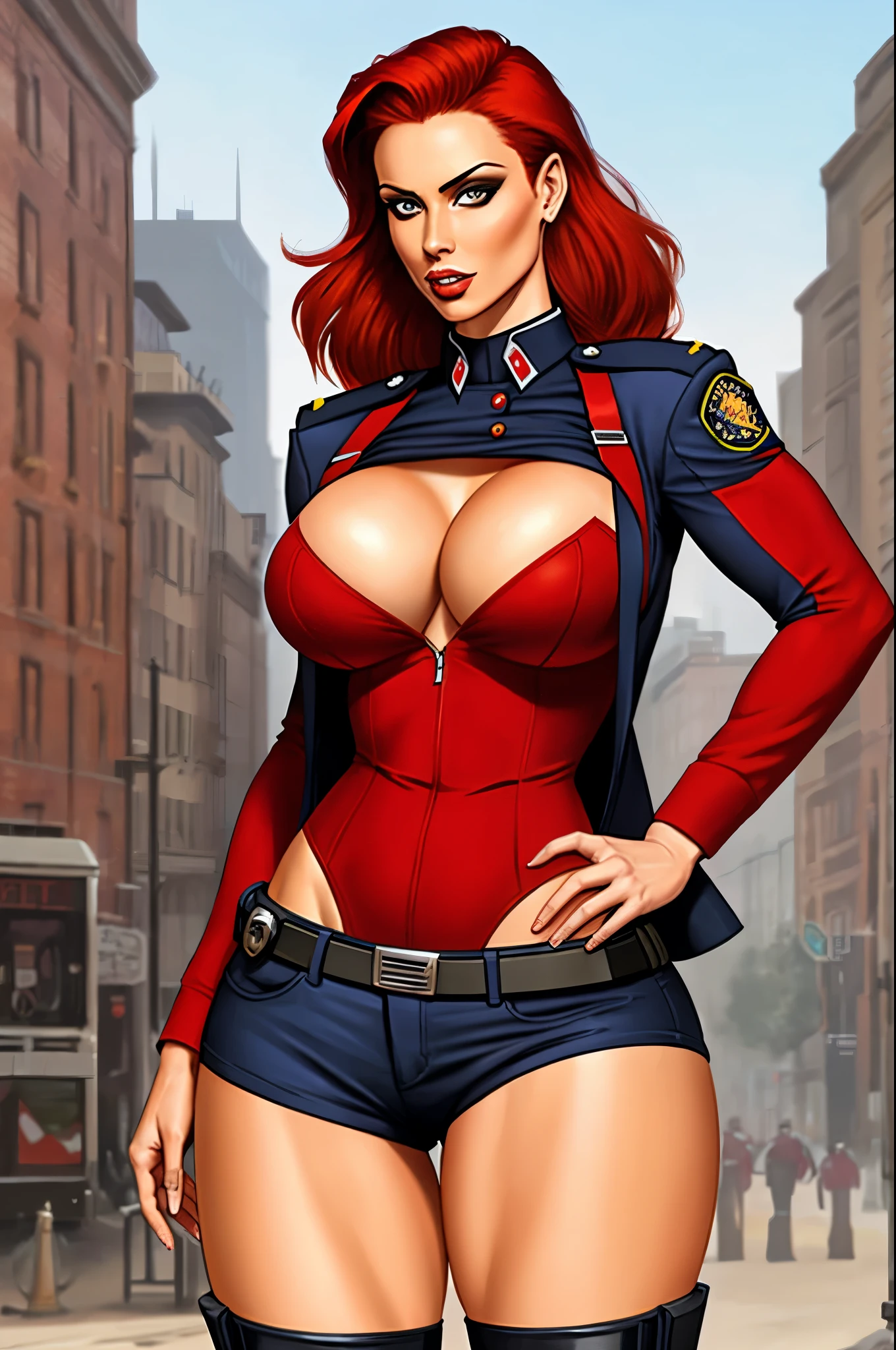 Busty cop, sexy uniform. realistic, hotpants, red hair