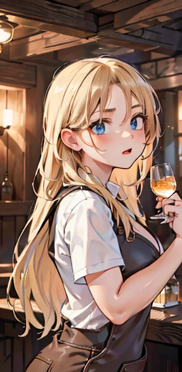 a beautiful detailed girl in a rustic tavern, fighting with a wild delirious expression, long straight blonde hair, holding a glass of whiskey, sensual romantic portrait, (best quality,4k,8k,highres,masterpiece:1.2),ultra-detailed,(realistic,photorealistic,photo-realistic:1.37),vibrant colors, dramatic lighting, cinematic composition