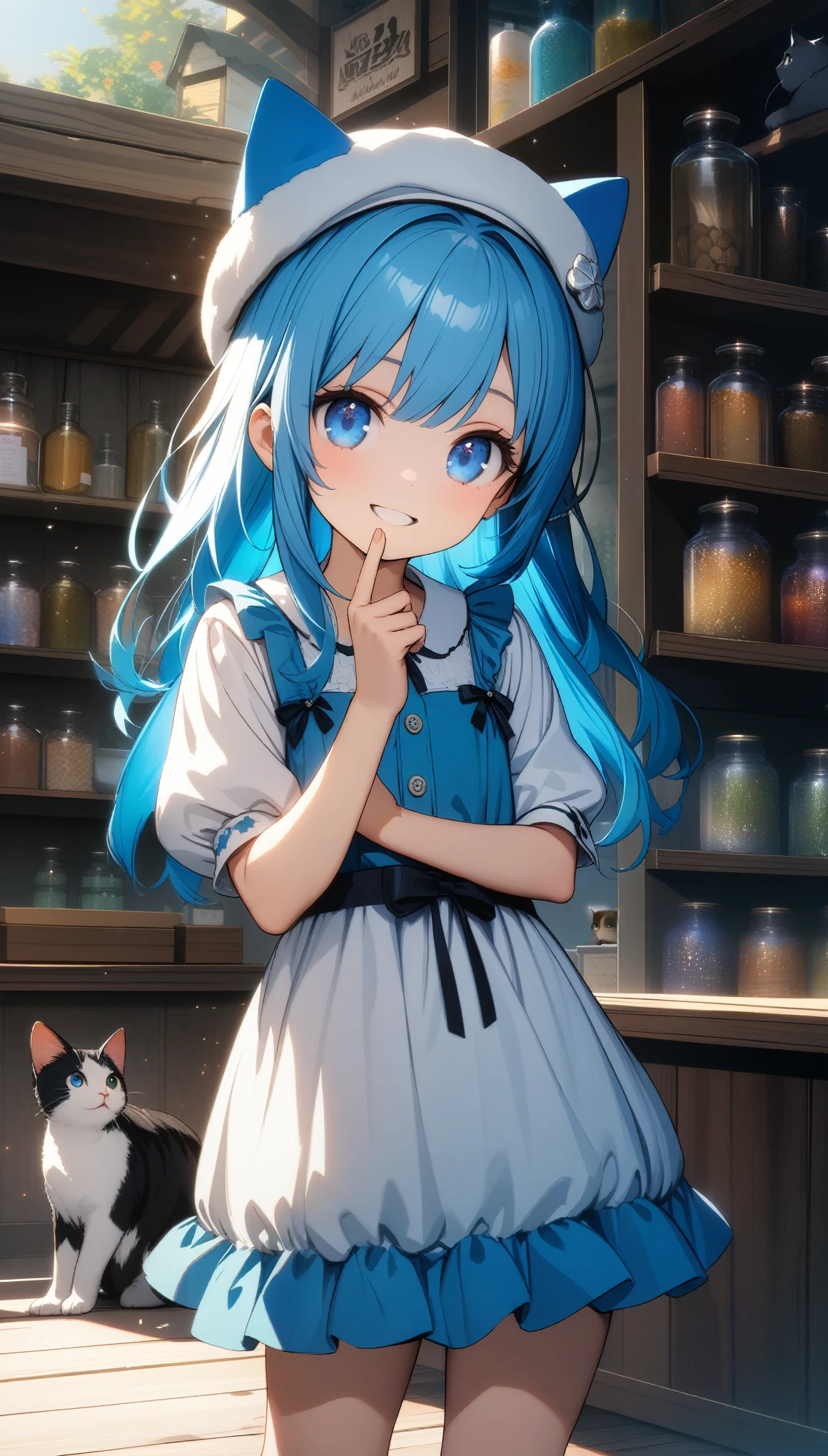 32k, best quality, ultra high res, HDR, UHD, extremely detailed CG, unity 32k wallpaper, 沢山のCatの世界, 18-year-old, Catを両手で持つ, Very cute girl, Blue Hair, Long Hair, blue eyes, A beautiful and cute blue dress, from the front, A very beautiful background of a general store, Are standing, Particles that glow blue, Cat, Blue Crystal, Close your mouth and smile happily, Cute hat,