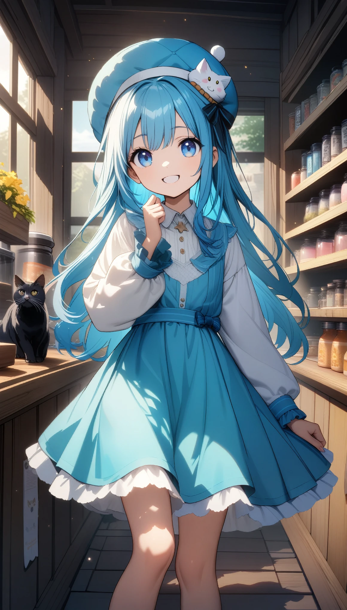 32k, best quality, ultra high res, HDR, UHD, extremely detailed CG, unity 32k wallpaper, 沢山のCatの世界, 18-year-old, Catを両手で持つ, Very cute girl, Blue Hair, Long Hair, blue eyes, A beautiful and cute blue dress, from the front, A very beautiful background of a general store, Are standing, Particles that glow blue, Cat, Blue Crystal, Close your mouth and smile happily, Cute hat, 