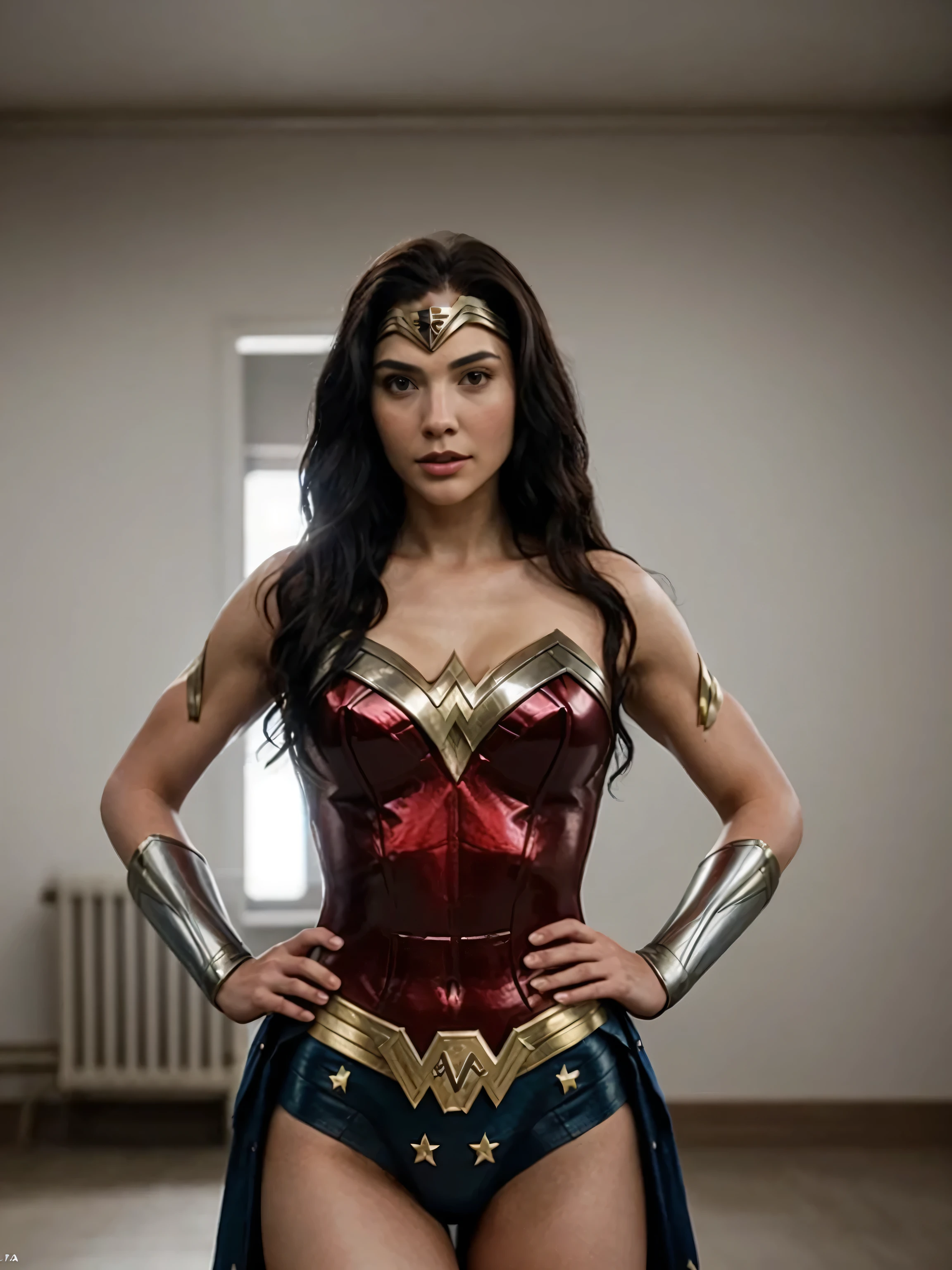 (foto crua, melhor qualidade), (realista, foto fotorrealista: 1.3), melhor qualidade, Altamente detalhado, obra de arte, ultra detalhado, illustration, Maravilha cinematic universe, Maravilha, guerreira + Wonder Woman&#39;s unique combination, Gal Gadot, Linda diana prince com traje azul e branco sem capacete, tronco, detalhes altos no vestido, melhor qualidade, papel de parede CG unificado 8k extremamente detalhado, tinta, Incredible, tough look, retrato, fechar-se (textura da pele), Intrinsecamente detalhado, detalhes finos, hiperdetalh