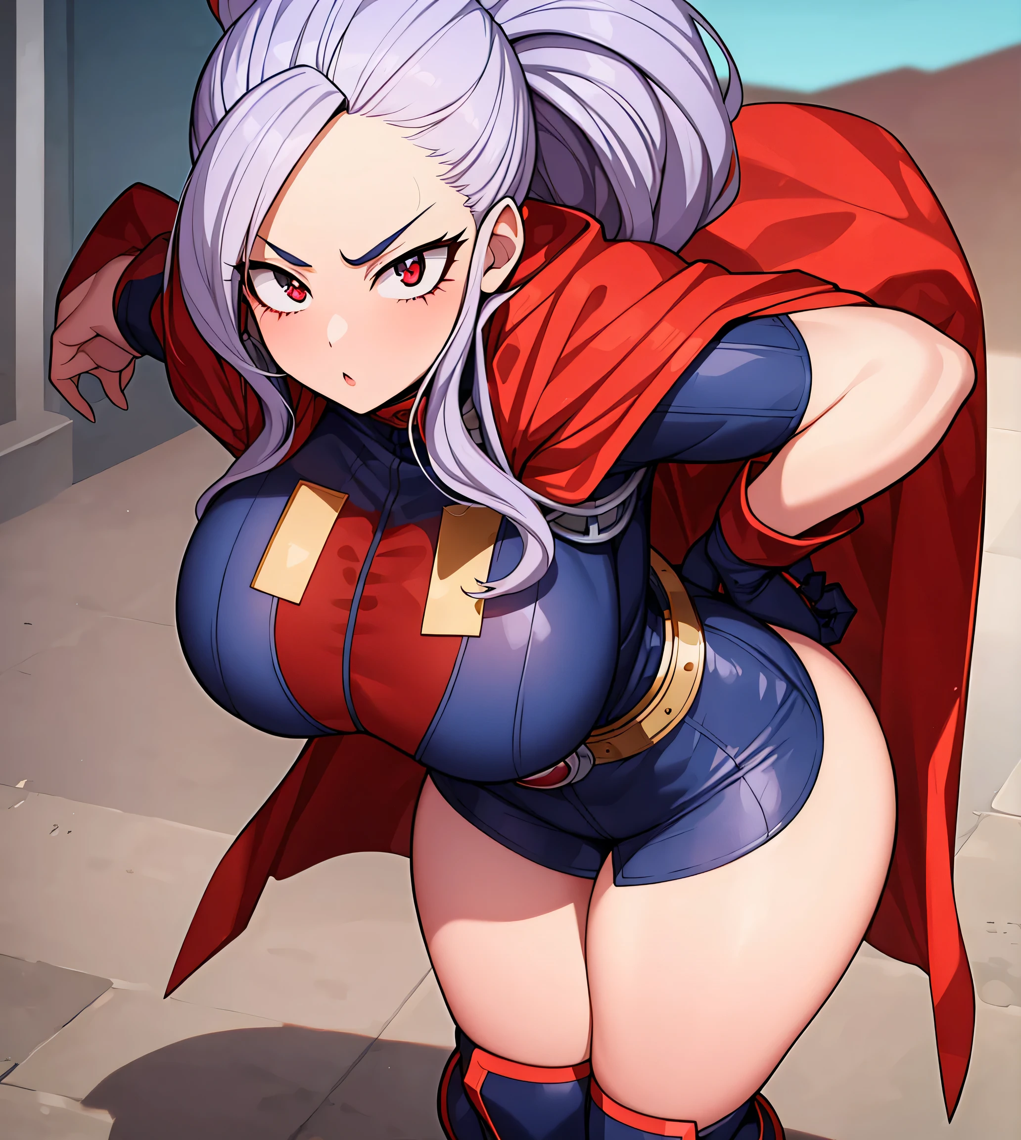 1 girl my hero academia style hair with streaks, 19 years old, hero outfit, red cape, steampunk googles, large breasts, triple D cup breasts, sexy, stoic pose, horny, round buttocks, bubbly buttocks, plump lips, full body shot, from head to toe 
