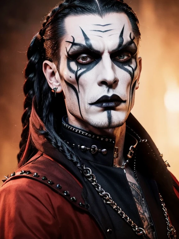 1man, vampire, "corpse paint" facepaint, slicked back braided long hair, beard along cheekbones, very thin lips, high collar studded medieval jacket, neck tattoo, symmetrical portrait, 8k portrait render, ultrarealistic 8k, unreal engine character art.