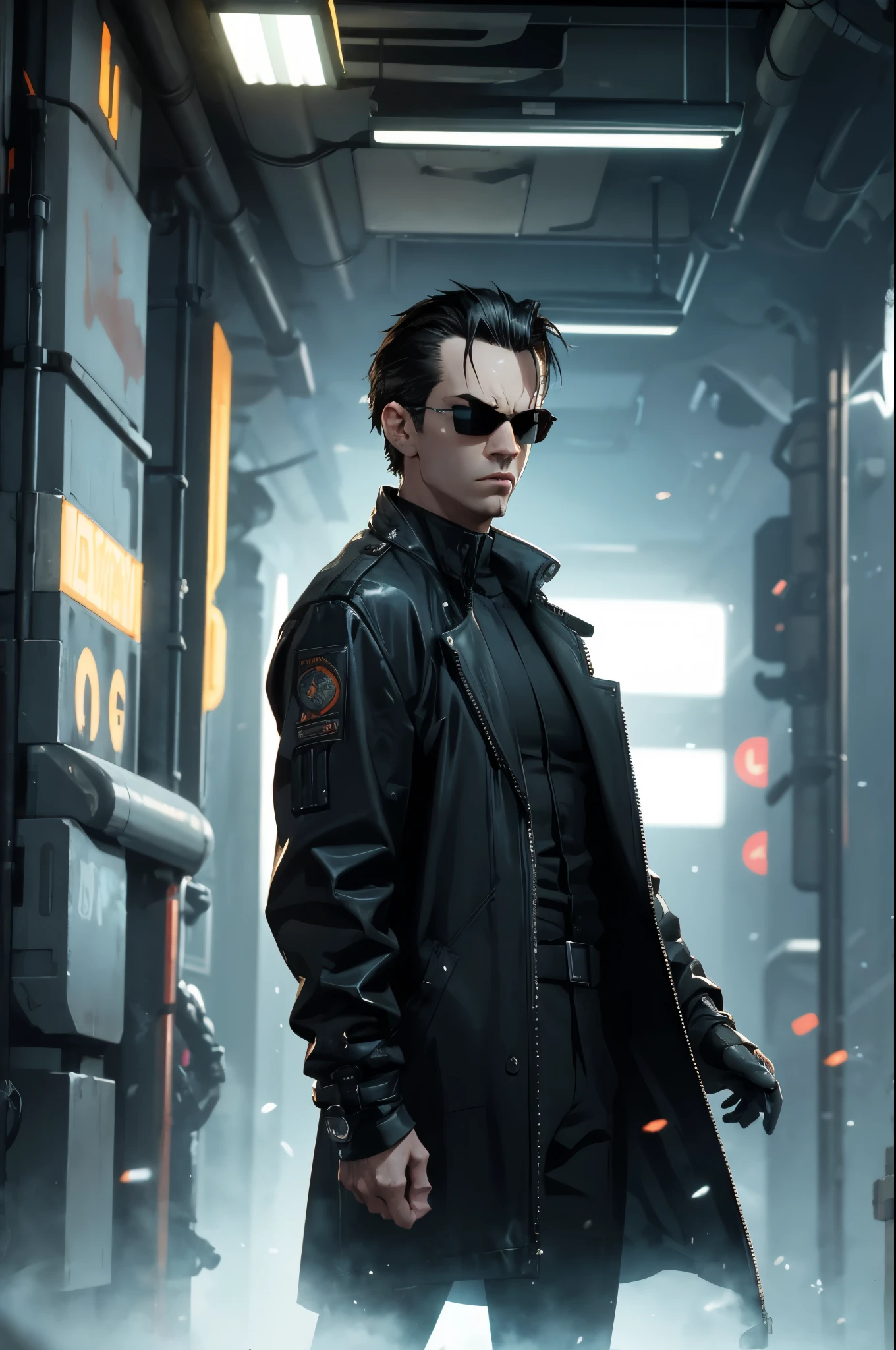 Neo from The Matrix, hyper-realistic, sci-fi action style, wearing his iconic black trench coat and sunglasses, being chased by Terminators, in a sci-fi dystopian cityscape, dark and grim, wide shot, dynamic angle, showing the intense chase, dramatic high-contrast lighting with neon glows and shadows, Neo running with a determined expression, Terminators in pursuit, detailed cityscape with futuristic elements --ar 16:9 --s 0 --v 6.0 --style raw
