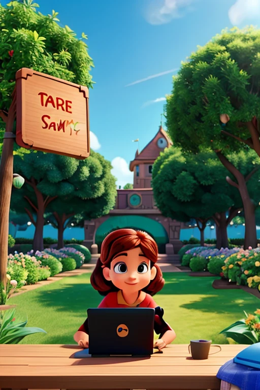 Generate a Disney Pixar art of a garden where there are many laptops and a sign saying online safety.