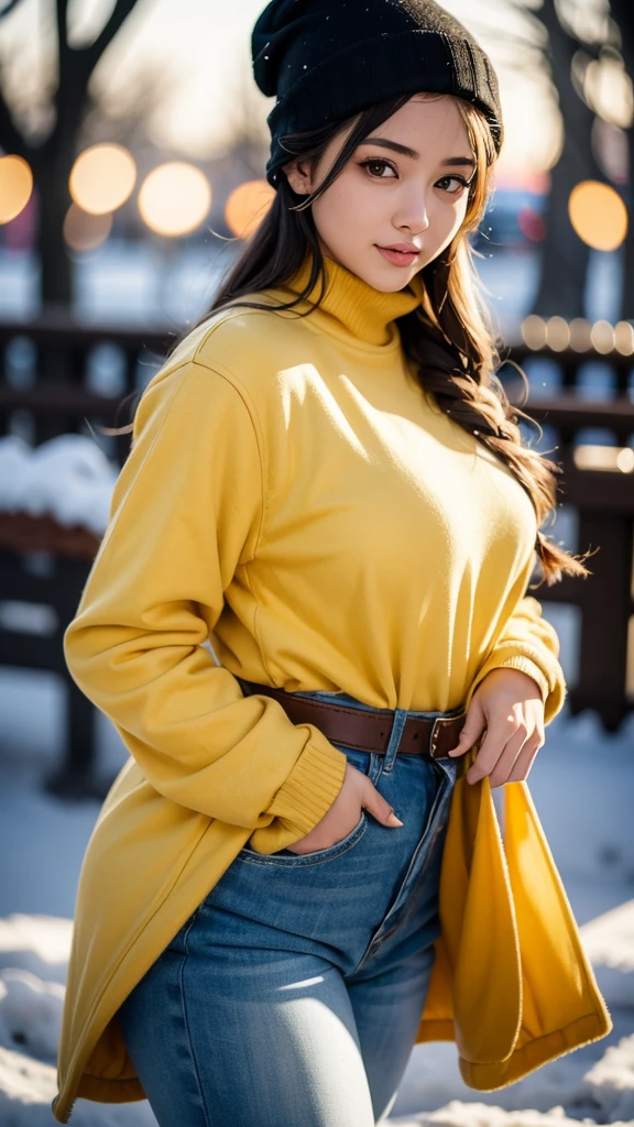 20 year old girl ultra high graphics Beautiful sensual woman with a curvy body, long hair, bangs, french braid, widest waist, fitting breasts, curvy accentuated booty, sparkling eyes, long eyelashes, thick thighs, Strong calves, smirk, taniaayusiregar, She wears a yellow wool Coat, black Pullover, white trousers, belt, beanie, she is in a dark low lit Park, evening in Winter, snowy, photorealistic, Masterpiece, bokeh, Volumetric lighting, winter season atmosphere, close up shot