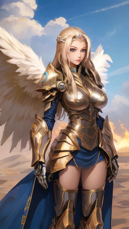 masterpiece, best quality, rich and colorful, , (Pinky skin:1.2), Big breasts, Mecha, armor, girl,Mechanical_Body, high resolution, blond hair, Very long hair, garlic, , Solitary, blue eyes, White coat, Soft fabric waist extension, Blue Energy, destroy, Quantum Energy, Mechanical wings