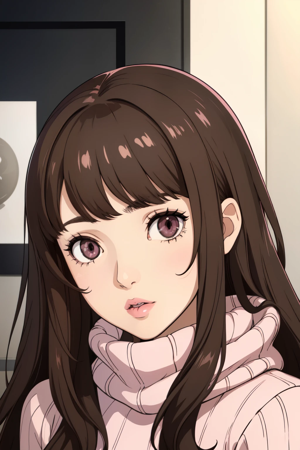 Girl, long soft brown hair, dark gray eyes, soft sharp features, white skin, pink lips, beautiful, sweater