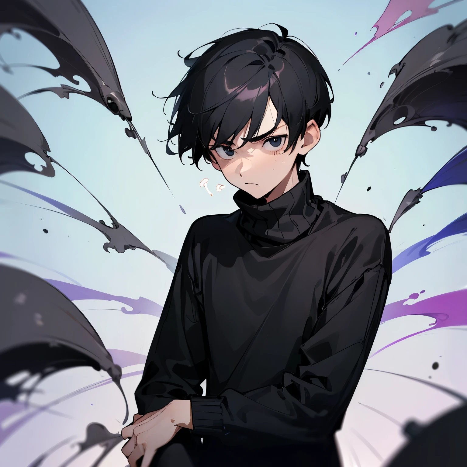 best quality, high quality, 1Boy, eighteen years old, black hair, very short hair, (look of impatience, desperate, shocked:1.5), black eyes, droopy eyes, very thin eyebrows, wide-eyed, fair skin, skinny, black sweater, long sleeves, boyish, upper body