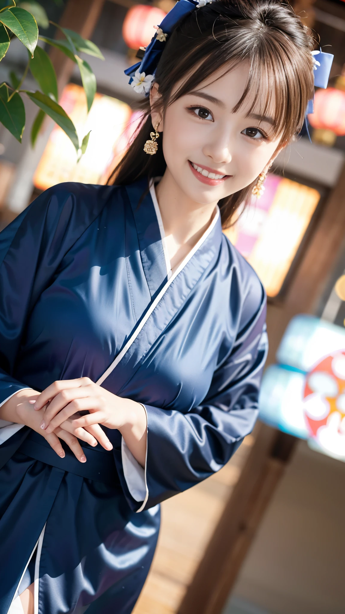 Japanese Ido ,((cute ,:1.2)),(8k, RAW Photos, Ultra-detailed, highest quality:1.2), (Realistic, Photorealistic:1.4), (Very detailed, 超A high resolution ,beautiful, Tabletop:1.2), ,Very detailed顔と目,Shiny skin,(Upper Body:1.Professional Lighting,Soft Light, Sharp focus, Depth of written boundary,Medium Hair,Earrings, ( Kimono costume :1.3),(smile:1.3),Bokeh,(Dynamic Angle:1.5),( Summer festival:1.3）