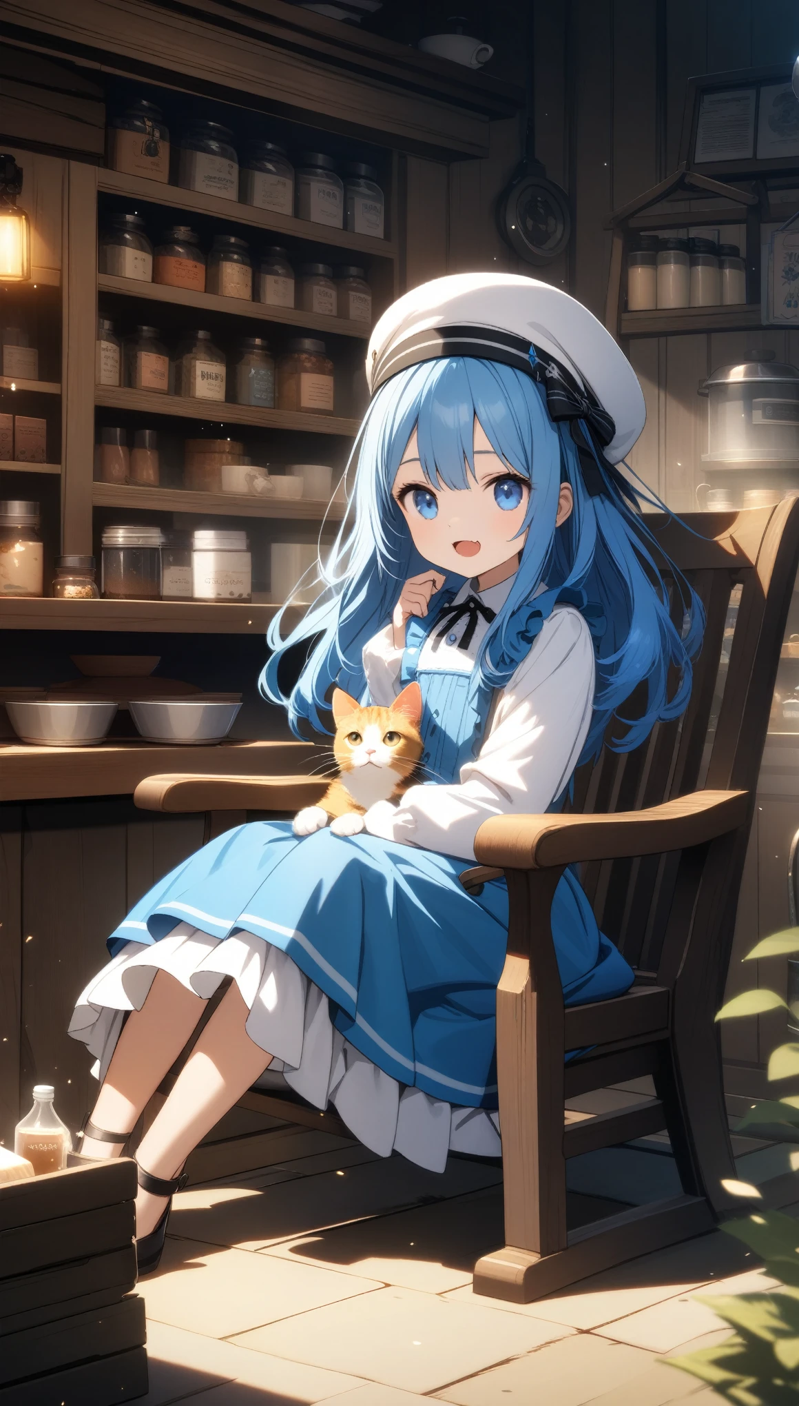 32k, best quality, ultra high res, HDR, UHD, extremely detailed CG, unity 32k wallpaper, 沢山のCatの世界, 18-year-old, Very cute girl, Blue Hair, Long Hair, blue eyes, A beautiful and cute blue dress, from the front, A very beautiful background of a general store, A very beautiful coffee shop background, indoor, Sitting in a chair, Particles that glow blue, Cat, Blue Crystal, Laugh with your mouth closed, Cute hat,