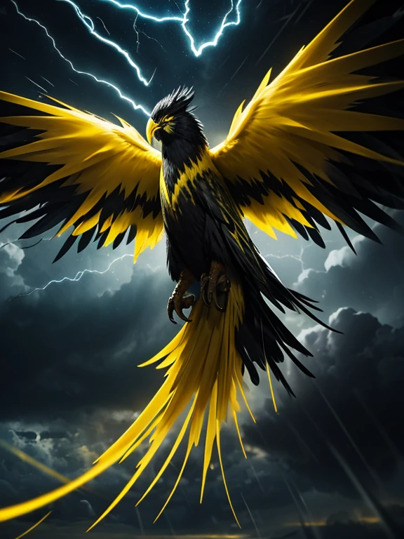 a giant electric monster bird, glowing yellow feathers, black feathers, six feathered wings, long feathered tail, flying in a stormy night sky, yellow lightning and thunder, dramatic lighting, epic fantasy, dramatic colors, dramatic composition, dramatic atmosphere, fantasy art