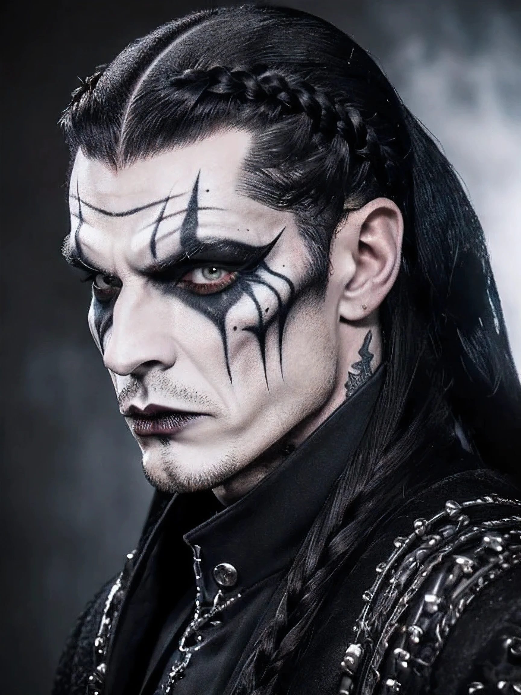 1man, vampire, "corpse paint" facepaint, slicked back braided long hair, beard along cheekbones, very thin lips, high collar studded medieval jacket, neck tattoo, symmetrical portrait, 8k portrait render, ultrarealistic 8k, unreal engine character art.