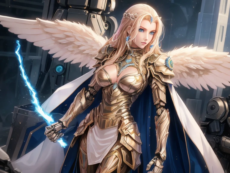 masterpiece, best quality, rich and colorful, , (Pinky skin:1.2), Big breasts, Mecha, armor, girl,Mechanical_Body, high resolution, blond hair, Very long hair, garlic, , Solitary, blue eyes, White coat, Soft fabric waist extension, Blue Energy, destroy, Quantum Energy, Mechanical wings