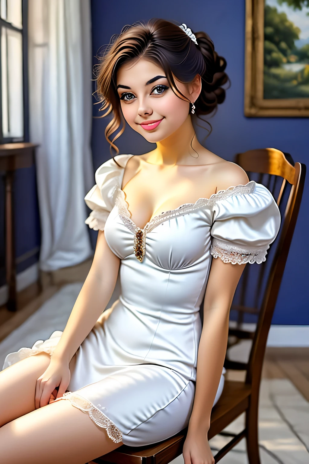 painting of a woman in a white dress sitting in a chair, konstantin razumov, ( ( konstantin razumov ) ), volegov, by Vladimir Baranov-Rossine, by Henryk Siemiradzki, vladimir volegov, garmash, by Michael Garmash, michael garmash and, a beautiful woman in white