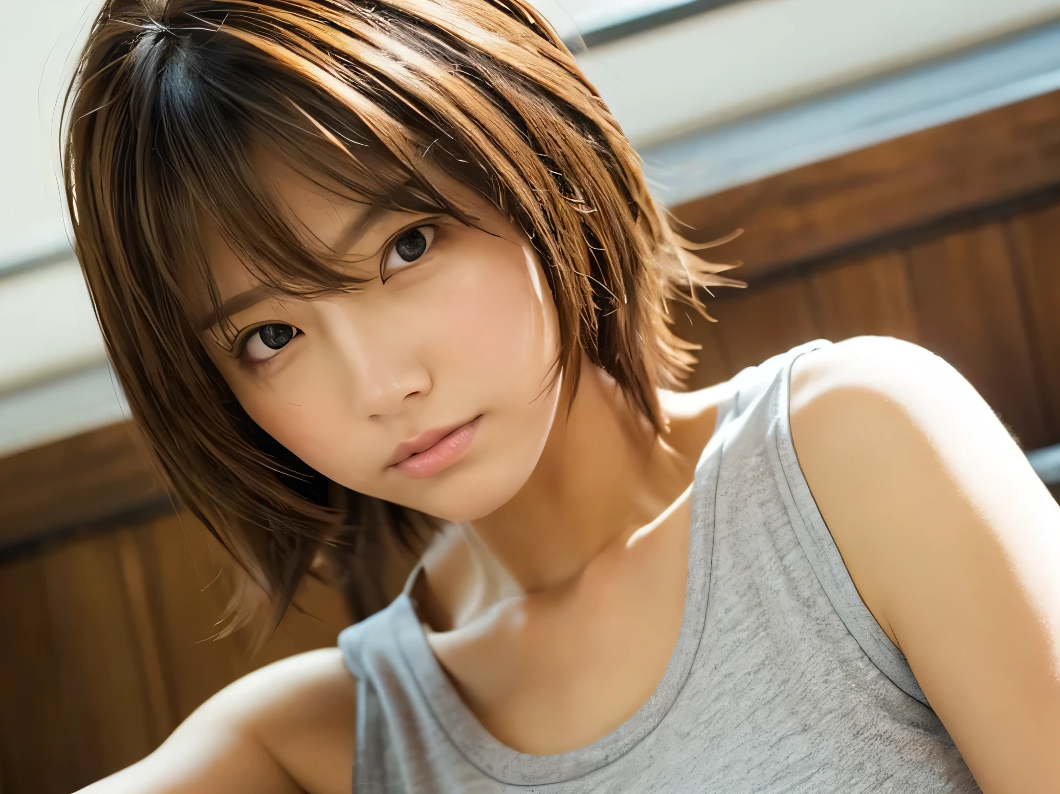 Look into the eyes,　Eye contact,　Front of face,　Front face,　face,　head,　Cross-legged,　indoor,　Brown Hair,　bangs,　Light clothing,　Tank top,　Sweat,　Sweaty,　Sweaty,　clavicle,　Cross-legged,　Light from below,　Chest