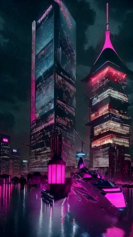 (A city with various skycrapers), ultra beautiful modern metropolis , cyberpunk, vinrant colors, techno fantasy architecture, night sky with stars 4k, uhd, photorealistic:1.4, masterpiece , futuristic buildings, fuchsia and whiye