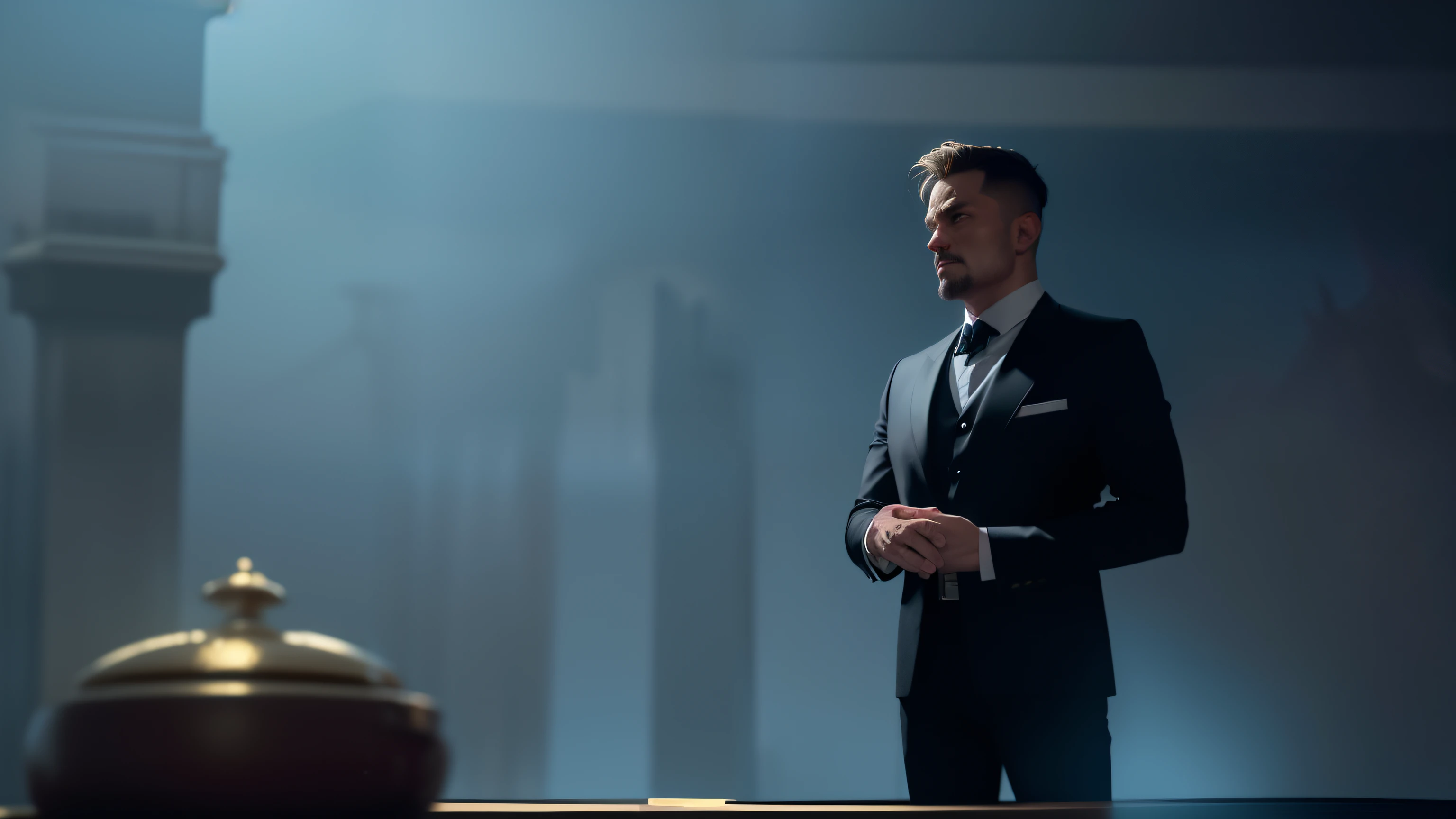 A masterful 4K high-definition photograph showcases a mature, visibly angry casino man standing with unwavering resolve. Clad in a sleek black suit, he dramatically pulls down the green poker table cover with a powerful single hand, and the aces he tightly grips contrast strikingly against the backdrop of a meticulously rendered red and black deck. The distant sea waves, a striking contrast in their light blue and golden hues, tower high in the background, casting an eerie ambiance against the man's intense pose. This cinematic vignette, masterfully centered, boasts an exceptional blend of hyper-detailed textures, with film grain set to 1.3