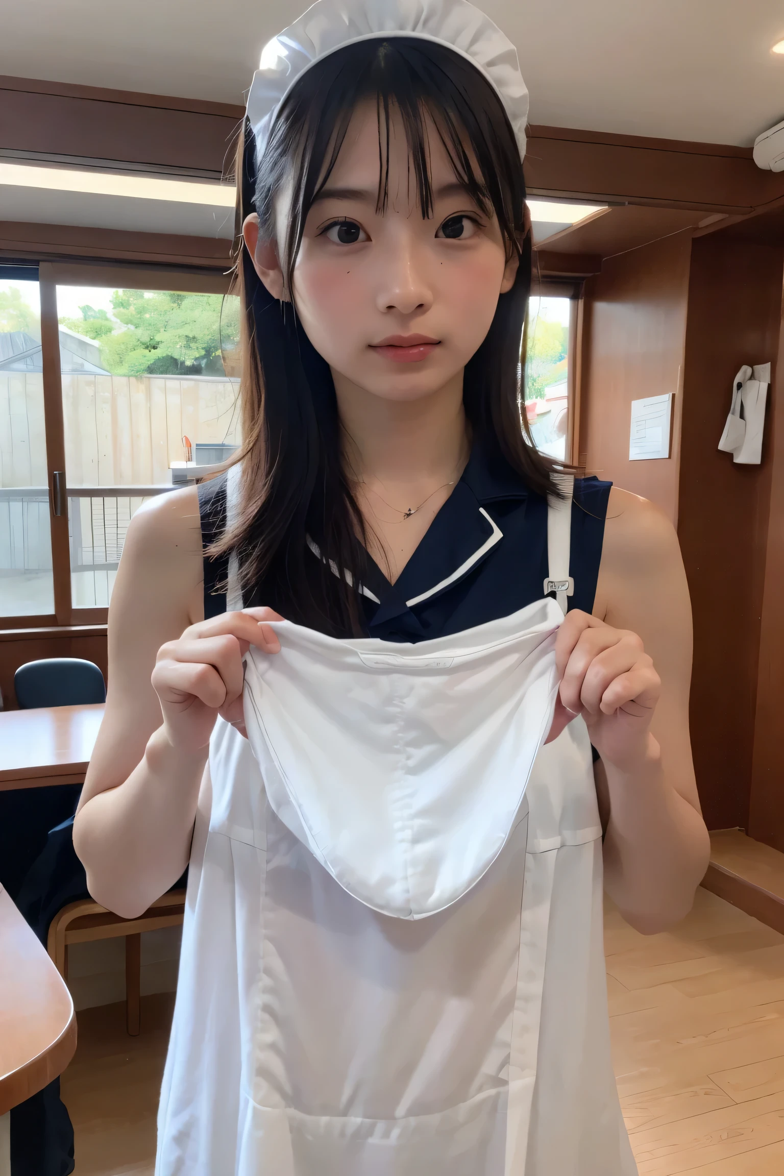 (8k, RAW Photos,highest quality, High resolution:1.1), (Ultra-realistic:1.4),(Realistic, Realistic:1.3),The Beauty of Japan、Rhythmic gymnastics club、Rhythmic Gymnastics Uniform、((Upper Body:1.3)),holding panties ,Maid Cafe、((Maid:1.3))