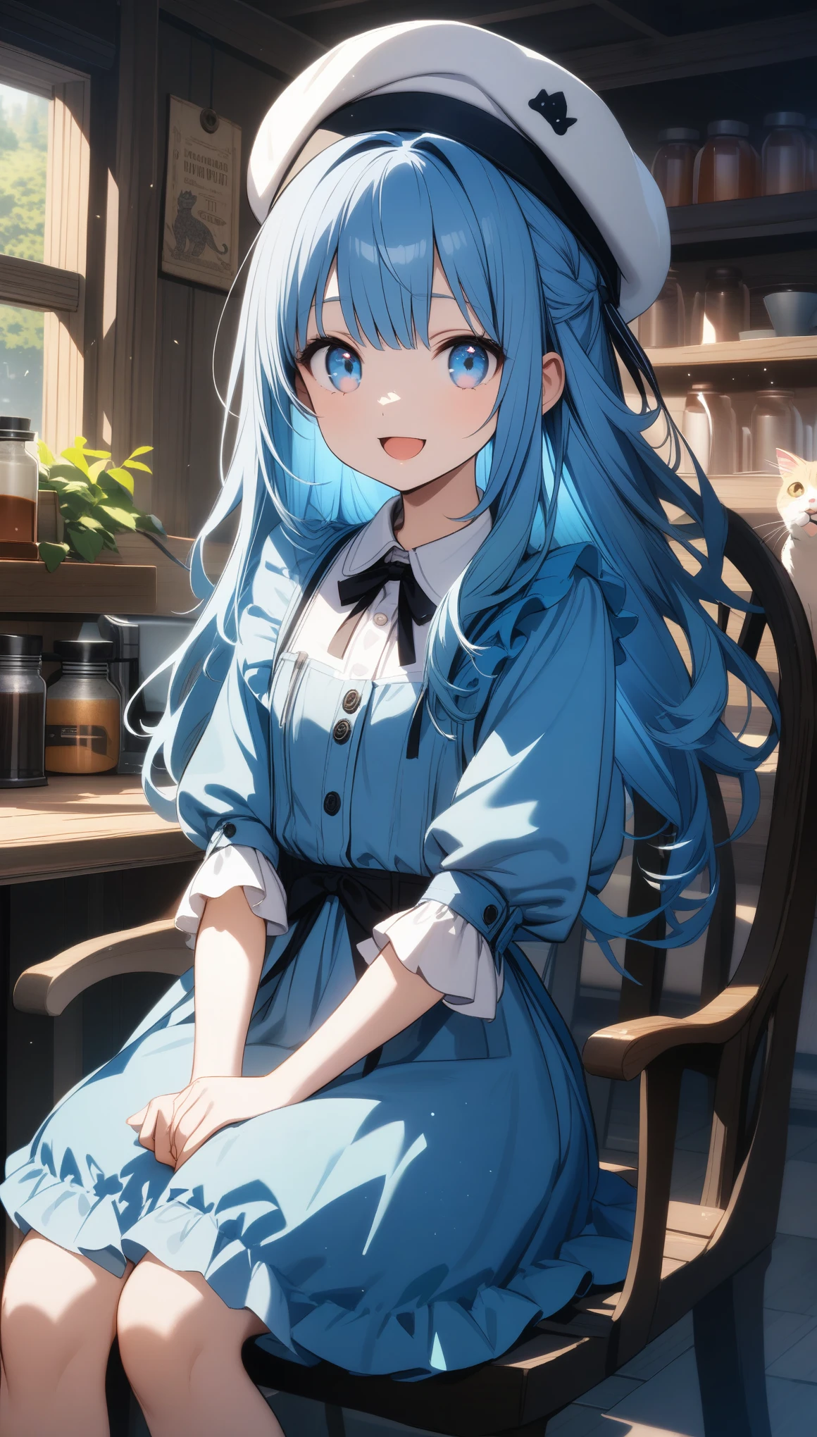 32k, best quality, ultra high res, HDR, UHD, extremely detailed CG, unity 32k wallpaper, 沢山のCatの世界, 18-year-old, Very cute girl, Blue Hair, Long Hair, blue eyes, A beautiful and cute blue dress, from the front, A very beautiful background of a general store, A very beautiful coffee shop background, indoor, Sitting in a chair, Particles that glow blue, Cat, Blue Crystal, Laugh with your mouth closed, Cute hat,