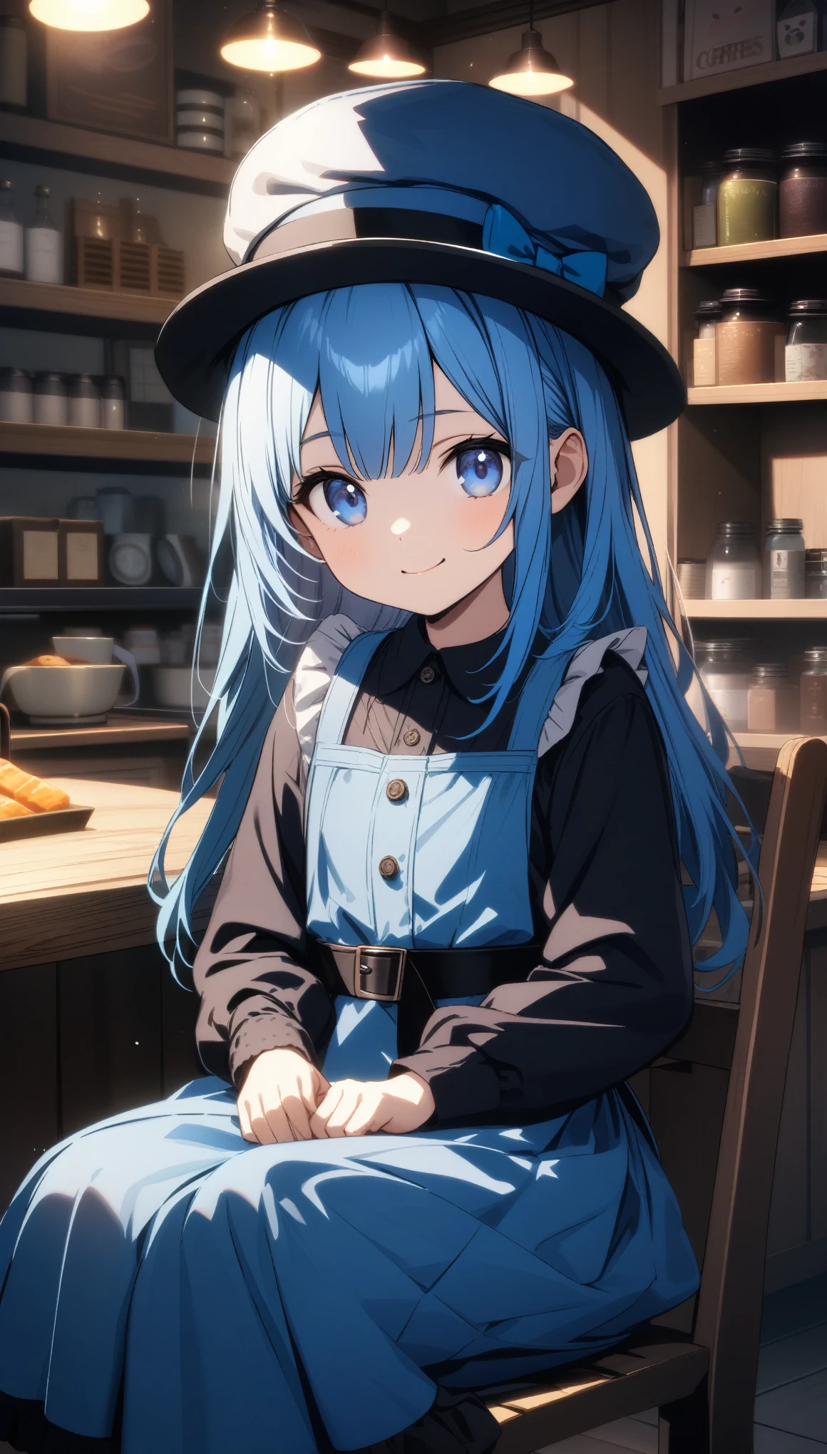 32k, best quality, ultra high res, HDR, UHD, extremely detailed CG, unity 32k wallpaper, 沢山のCatの世界, 18-year-old, Very cute girl, Blue Hair, Long Hair, blue eyes, A beautiful and cute blue dress, from the front, A very beautiful background of a general store, A very beautiful coffee shop background, indoor, Sitting in a chair, Particles that glow blue, Cat, Blue Crystal, Laugh with your mouth closed, Cute hat,