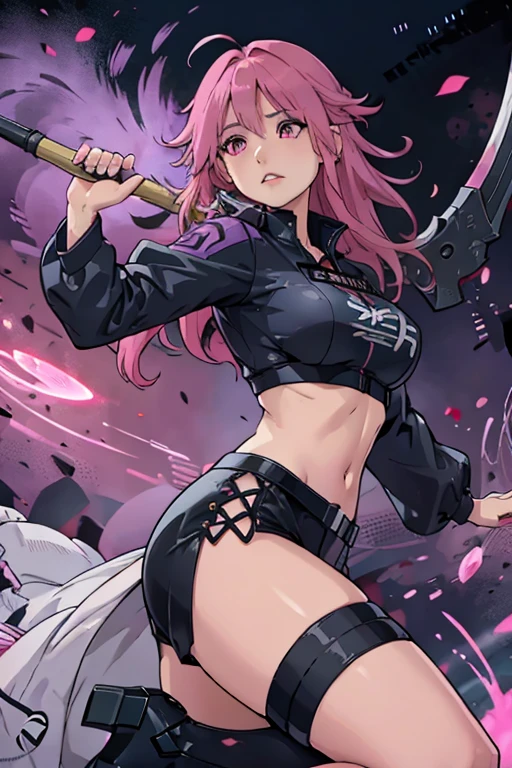 A pink haired woman with violet eyes in a sexy combat gear is spinning a scythe in a battle field