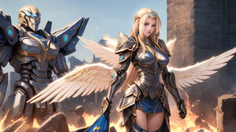 masterpiece, best quality, rich and colorful, , (Pinky skin:1.2), Big breasts, Mecha, armor, girl,Mechanical_Body, high resolution, blond hair, Very long hair, garlic, , Solitary, blue eyes, White coat, Soft fabric waist extension, Blue Energy, destroy, Quantum Energy, Mechanical wings