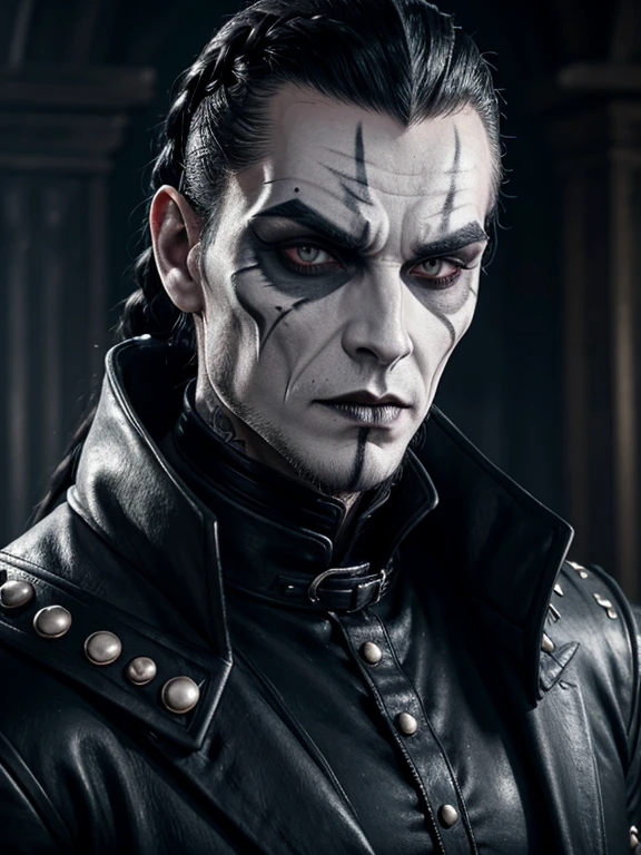 1man, vampire, "corpse paint" facepaint, slicked back braided long hair, beard along cheekbones, very thin lips, high collar studded medieval jacket, neck tattoo, symmetrical portrait, 8k portrait render, ultrarealistic 8k, unreal engine character art.