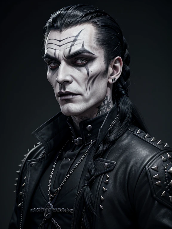 1man, vampire, "corpse paint" facepaint, slicked back braided long hair, beard along cheekbones, very thin lips, high collar studded medieval jacket, neck tattoo, symmetrical portrait, 8k portrait render, ultrarealistic 8k, unreal engine character art.