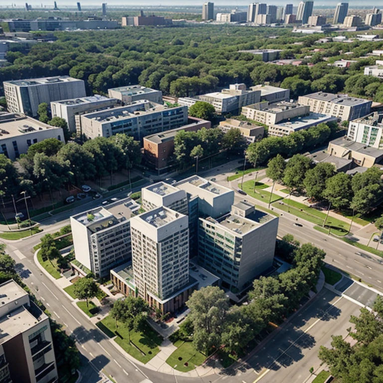 Central square, modern skyscraper surrounded by trees, road expiation, zoning, residential neighborhood, factories, lakes, sustainable elements, vista urbana