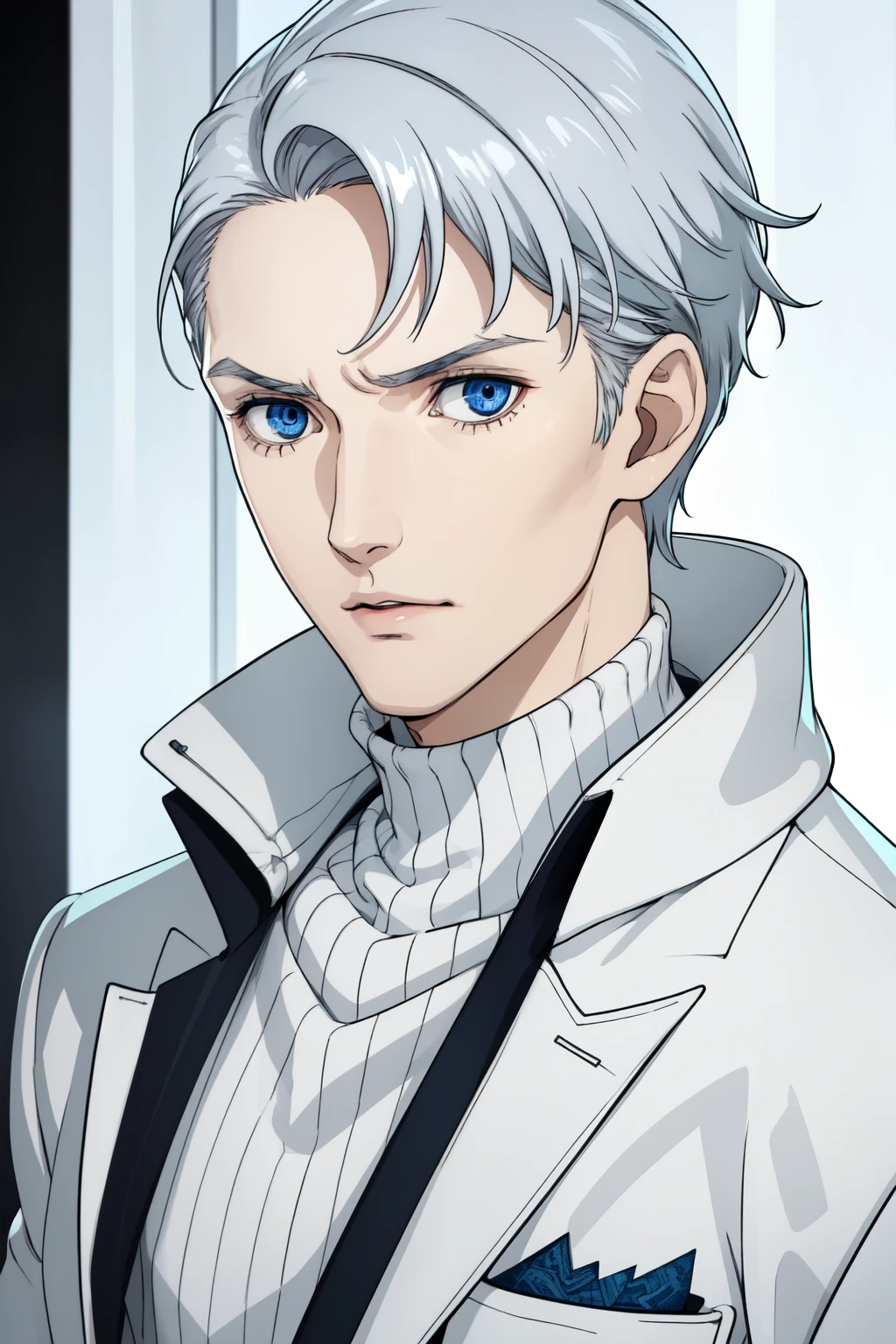 Boy, silver hair, blue eyes, serious sharp features, white skin, handsome, sweater, jacket
